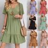 Women's V Neck Short Sleeve Tiered Mini Dress Loose Waist Casual Ruffle Swing Dress