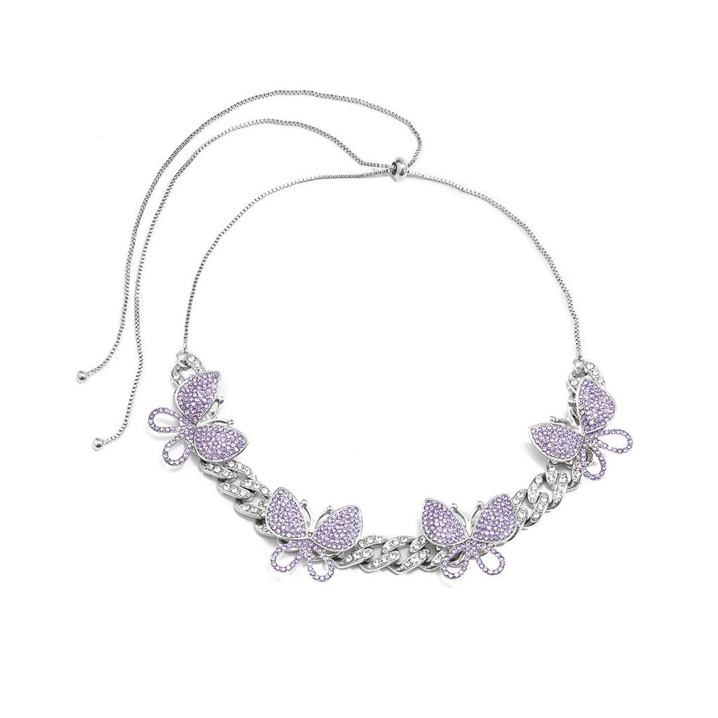 Accessories, Hip Hop Full Diamond Cuban Buckle Chain Necklace, Vintage Exaggerated Color Diamond Set Butterfly Necklace