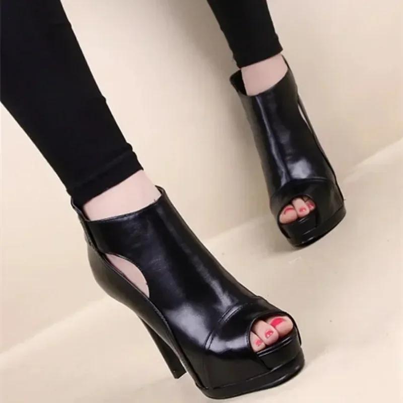 Sandali con tacco alto da donna, sandali con tacco a bocca di pesce, scarpe da ufficio traspiranti, stivali quadrati traforati, scarpe estive con plateau, scarpe da festa e da sposa