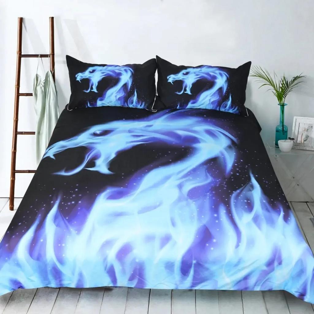 Ice Fire Dragon Duvet Cover Set for Boys Oriental Beast Bedding Set Eastern Auspicious Animals Fairy Tale Comforter Cover