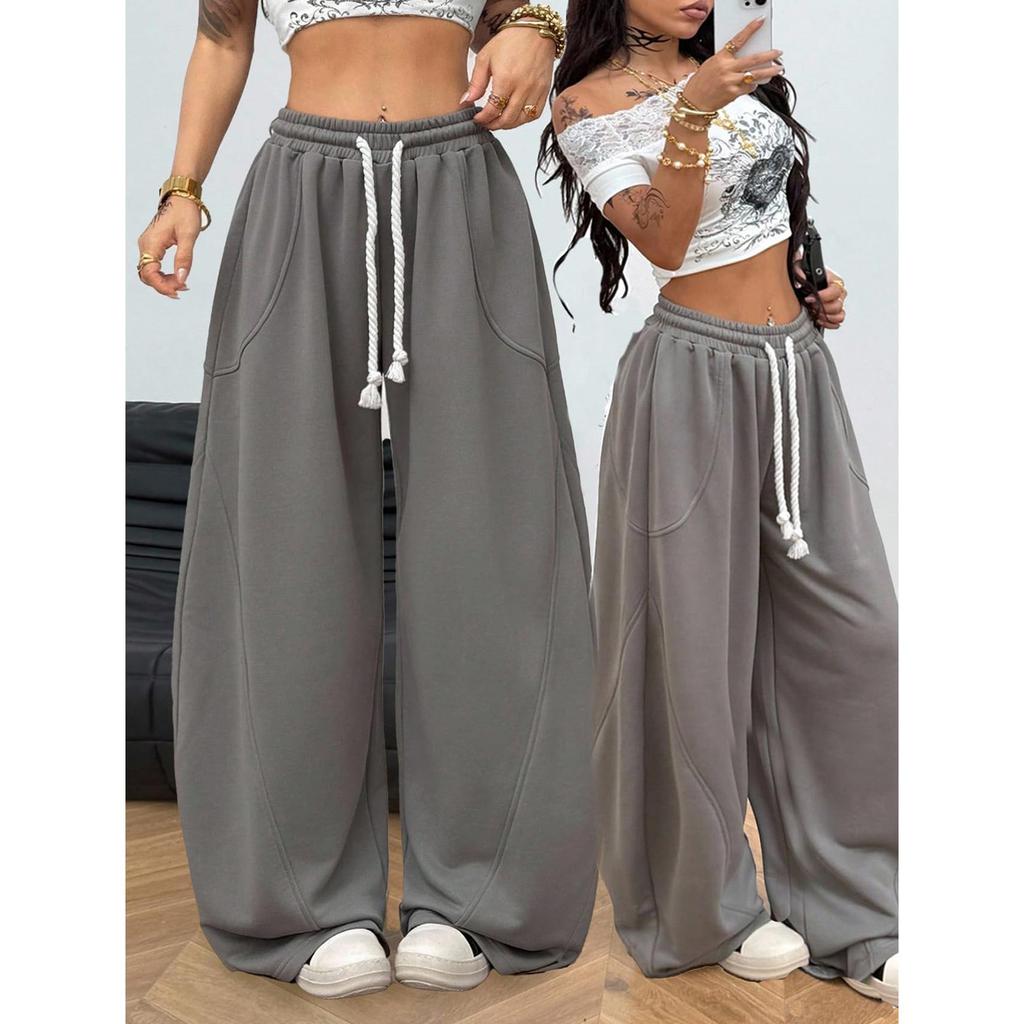 Women's Fashionable Loose Solid Color Elastic Waist Pocket Straight Leg Casual Pants