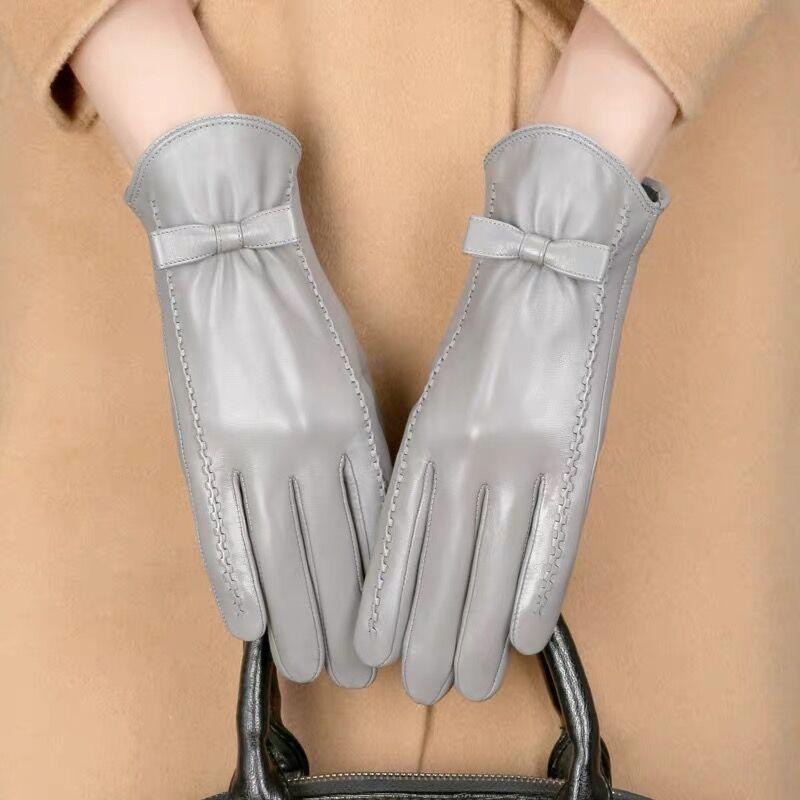 Women's winter leather gloves cycling driving cold and windproof velvet warm touch screen Korean version of fashion thin gloves