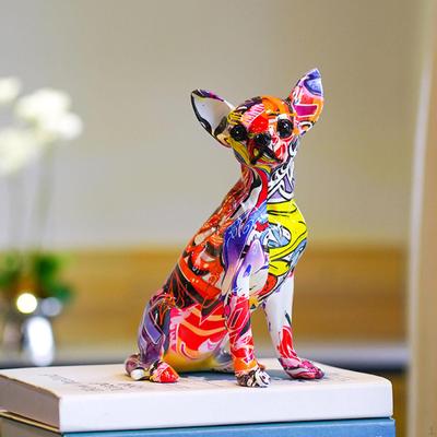 Colorful Dog Statue Animal Ornament Chihuahua Figurine Sculpture for Tabletop Living Room Desktop
