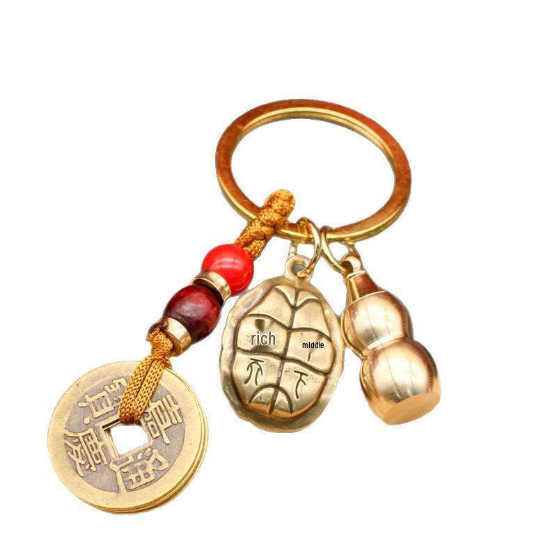 Golden Dragon Wealth Attraction Keychain: Brass Five Emperors Coins, Pixiu, and Gourd Pendant for Prosperity