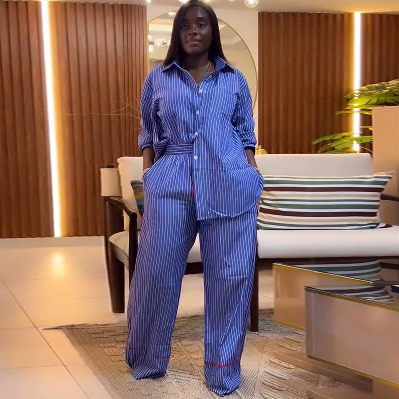 

2025 Summer Women s Striped Button-Down Shirt & Wide-Leg Trousers Casual Set 2XL