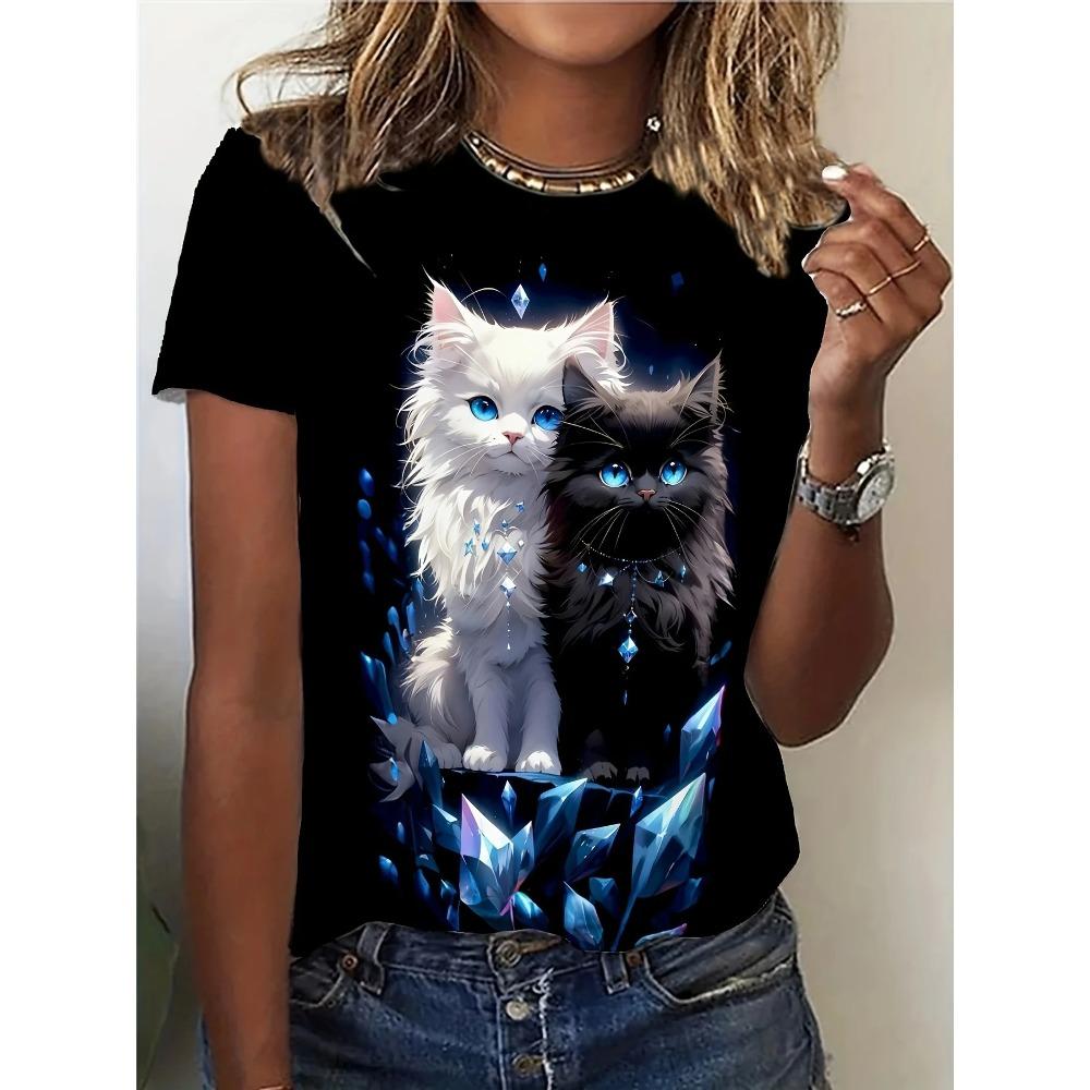 Women s Tee - White & Black Crystal Cats Graphic, Mystical Glowing Feline Design for Casual Daily Wear S