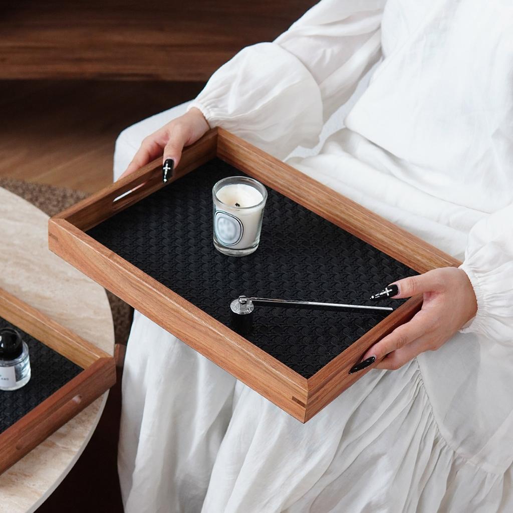 1Pc Bamboo Pattern Leather Tray, Acacia Wood Tray, Dressing Table Decoration Tray, Aromatherapy Ring Jewelry Tray