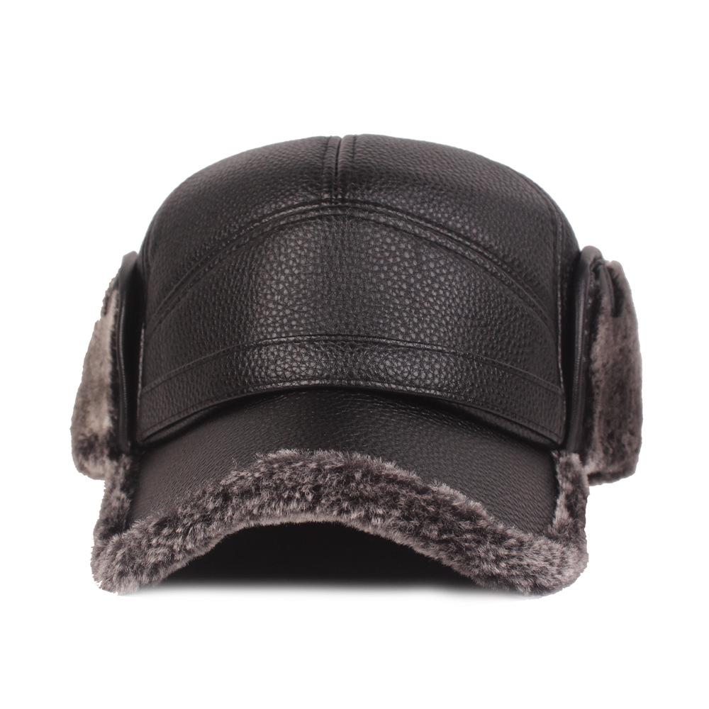 Middle-Aged and Elderly Baseball Cap Men's PU Cap Winter Warm Cycling Cap Old Velvet Ear Protection Cap