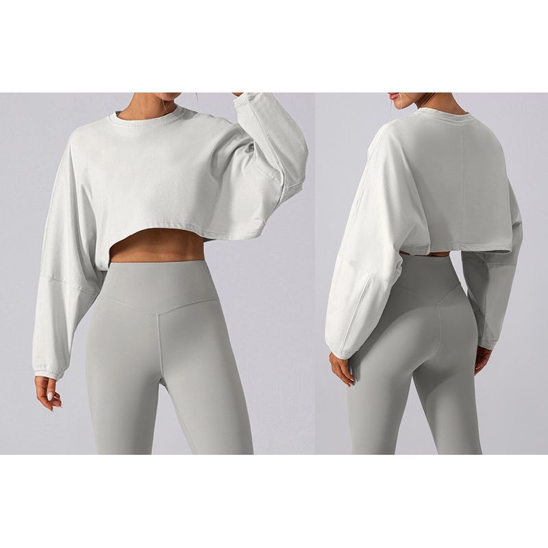 European and American Style Short Gray Fitness Long-Sleeve Cover-Up Shawl Sports Sweatshirt Vest Dance Loose Yoga Top Jacket