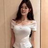 Sexy Off Shoulder Lace Spliced Short Sleeve T Shirt Women Slim Fit Collarbone Exposing Top Y2K Pure Desire Tees Summer Daily Dating Outfit MTX-5128