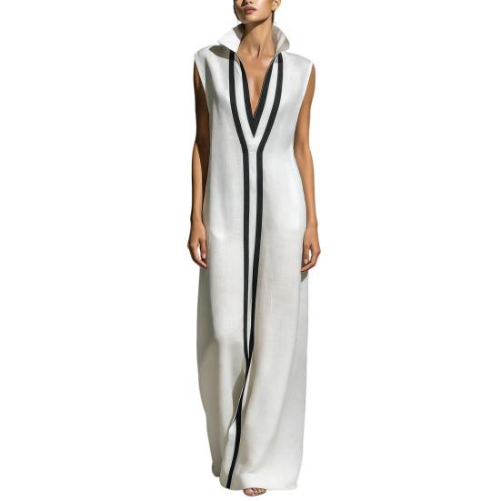 Ärmelloses Damenkleid Stehkragen V-Ausschnitt Langes Kleid Lockere Passform Polyester Elegantes Kleid mit geometrischen Mustern Bedruckt Tägliches Outfit