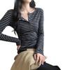 Women's High-End Lyocell Tencel Stripe Henley Neck Slim Fit Long Sleeve Top for Autumn/Winter