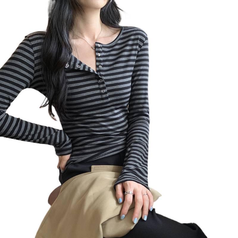 Women's High-End Lyocell Tencel Stripe Henley Neck Slim Fit Long Sleeve Top for Autumn/Winter