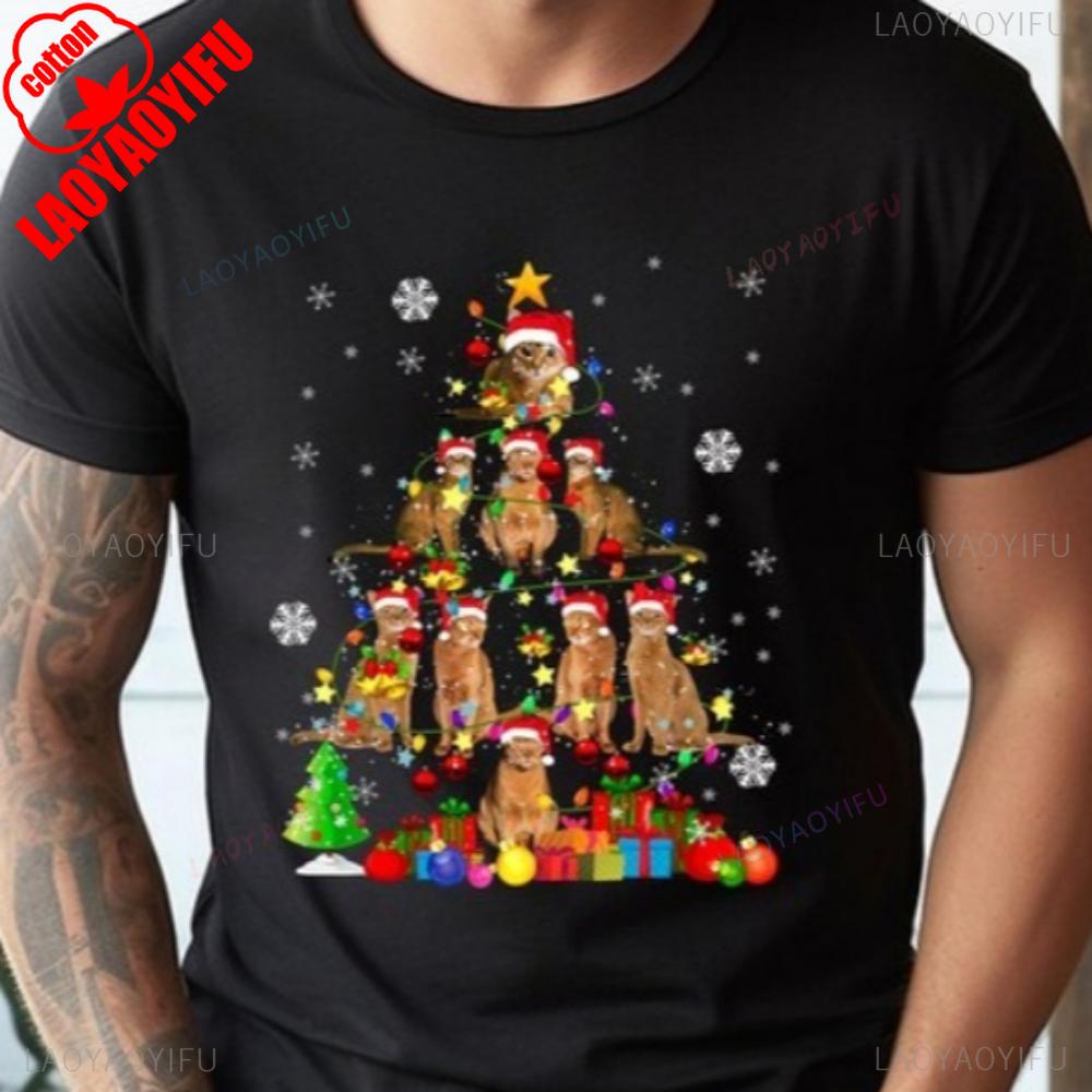 Christmas Santa Abyssinian Cat TShirt Xmas Lights Graphic Tops High Quality Cotton Shortsleeve Trending Clothes for Cat Lovers
