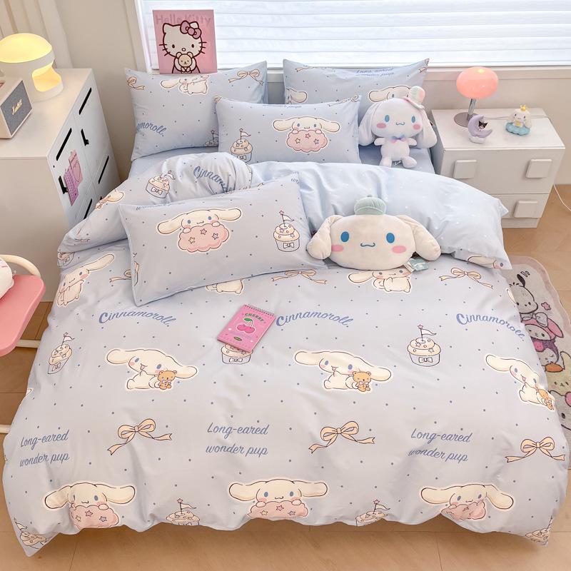 Hello Kitty All-Cotton Cute Cartoon Girl Fitted Sheet & Duvet Set - 4-Pc Dorm Style