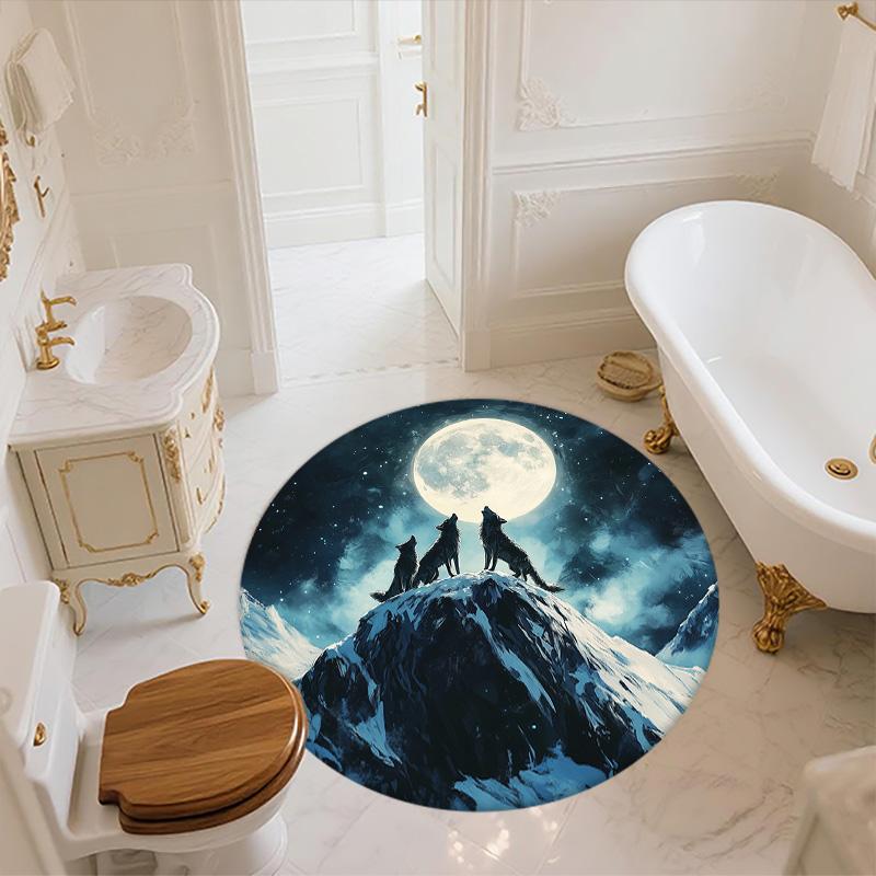Moon Wolf,Round Area Rug,Carpet Rug for Living Room Bedroom Sofa Playroom Decor,Non-slip Floor Mat