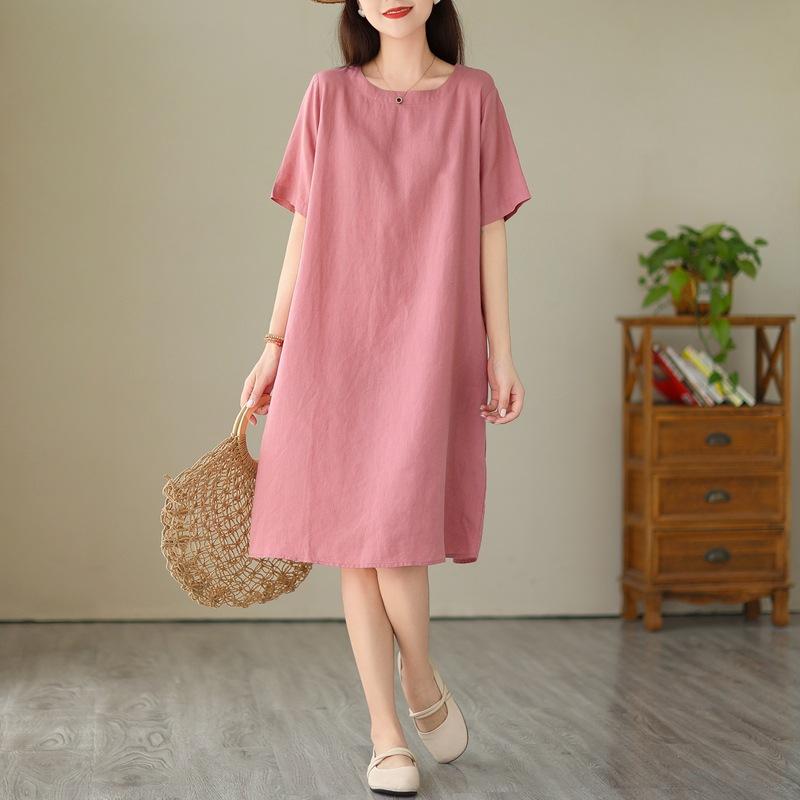 Women's Summer Lightweight Cotton Linen Dress, Japanese Minimalist Solid Color Round Neck Short Sleeve Loose Casual Midi Dress