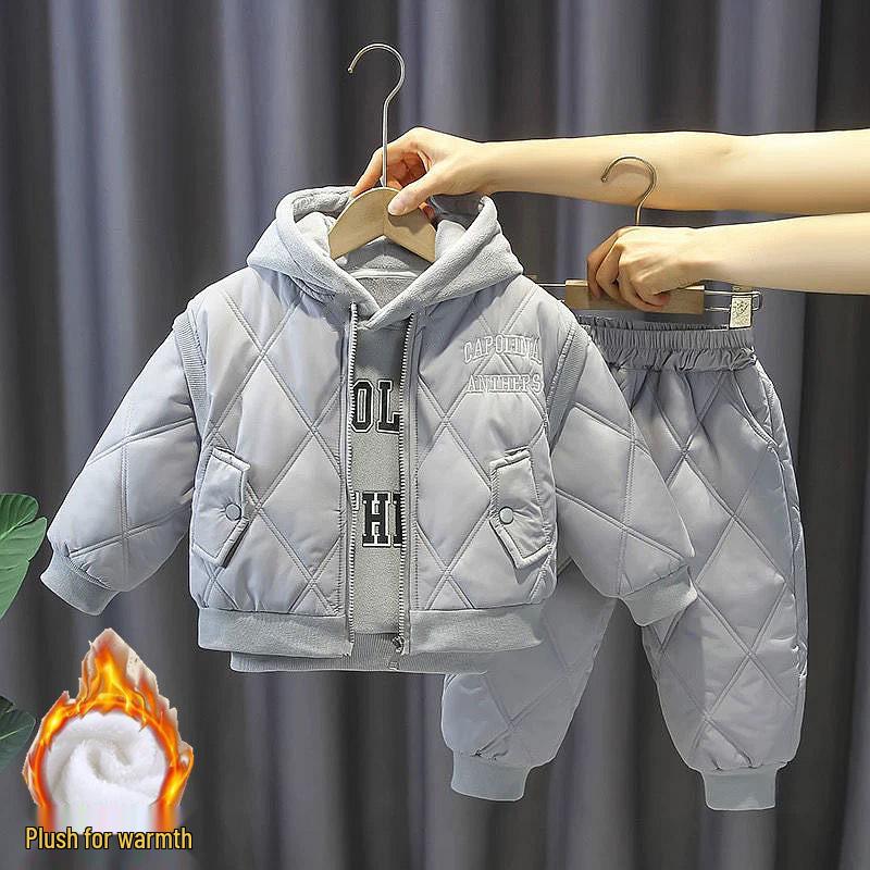 Children's Fleece-Lined Hoodie Set: Padded Vest, Cotton Pants, Baby Outerwear for Autumn & Winter
