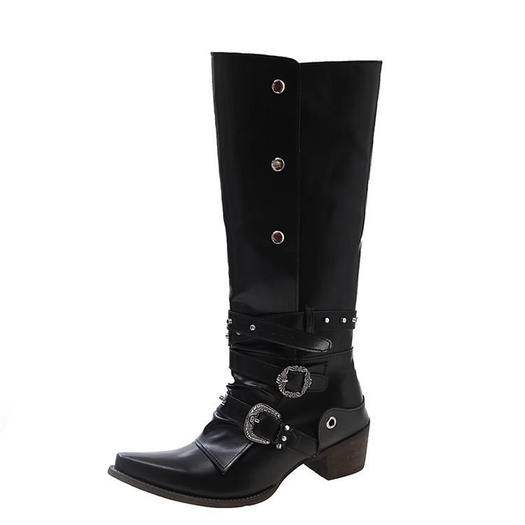 Rivet pointed knight boots design sense Spice girl retro black punk pants boots small but knee boots