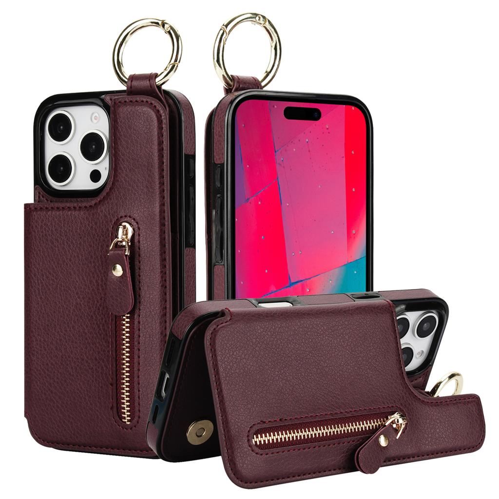 Zipper Wallet with Card Holder Ring Leather Phone Case for iPhone 16 15 14 11 Pro Max XS XR 7 8 Plus 13 12 Mini Protective Cover