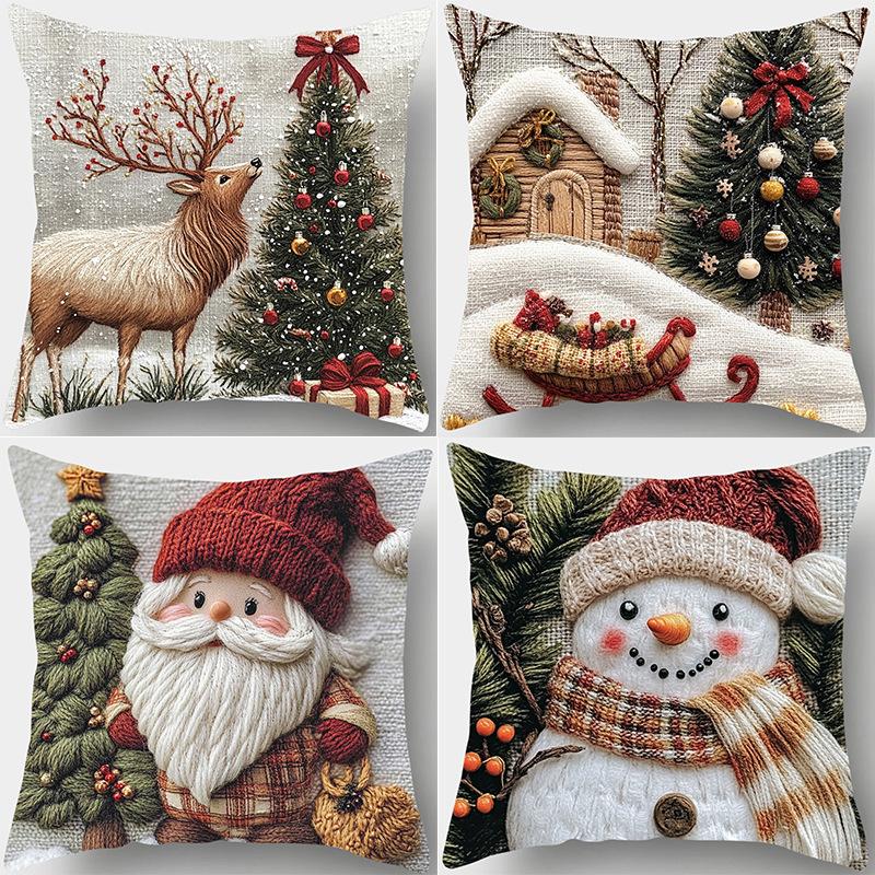 Christmas Pillowcase, Cute Cartoon Imitation Embroidery Linen Print Sofa Pillow Cover, Festival Decoration, Festival Gift (Pillow Insert Not Included)
