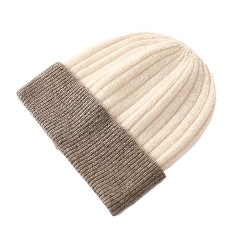 % Pure wool knitted wool hat contrasting color fashionable simple warm hat men's and women's dome autumn and winter cold hat