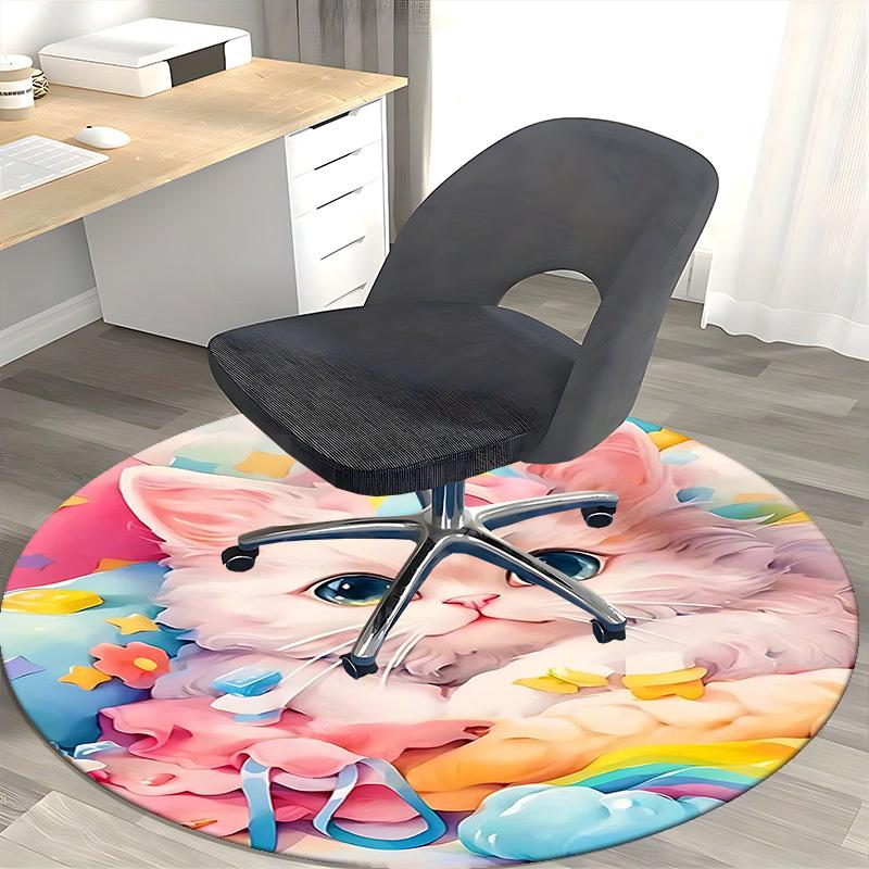 1pc Anime Design Round Carpet Cute Cat with Bow Tie Chair Mat, Non Slip Rug for Office & Home Decor