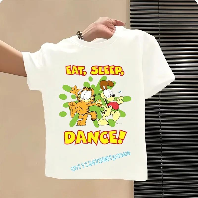 Garfield's new children's pure polyester short-sleeved boys' sports shirt, girls' casual top with cartoon print, summer T-shirt