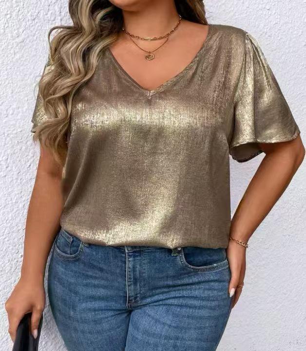 T-shirt Manches Courtes Uni Col en V Coupe Ample pour Femme Printemps/Été 2026