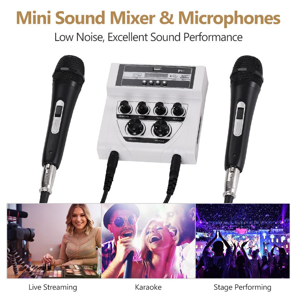 MF-8 Mini Sound Audio Mixer Stereo Echo Mixers Dual Mic Inputs Support BT Recording MP3 Function with 2 Set Wired Handheld Microphones for TV PC Smar