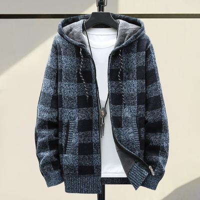 Herbst Winter Herren Mantel Reißverschluss Gestrickt Lange Ärmel Dick Plüsch Kariert