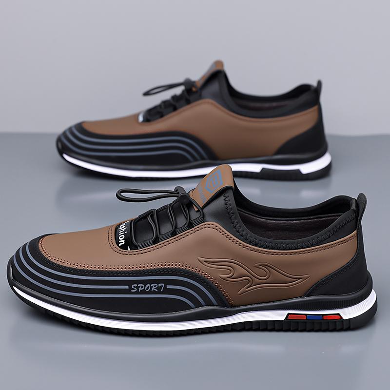 BrownEmbossedLeatherSliponSportShoesMenBlack Striped Patchwork Elastic Lace Cushion Sole Non Slip Outdoor Street Office Trainers
