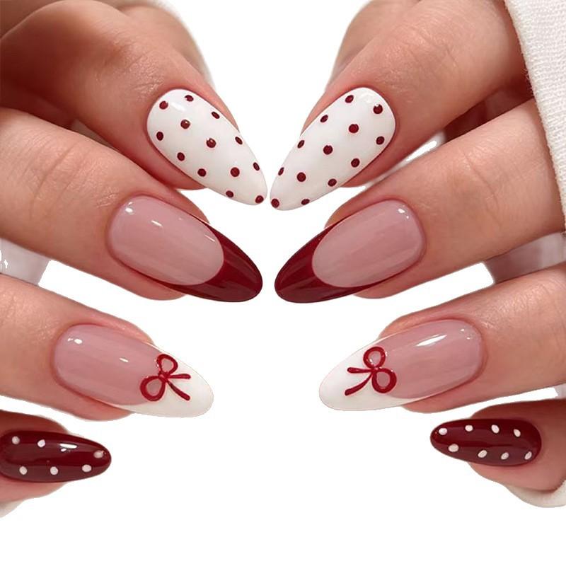 Nail art, French polka dot bow girl style long almond-shaped nail wear