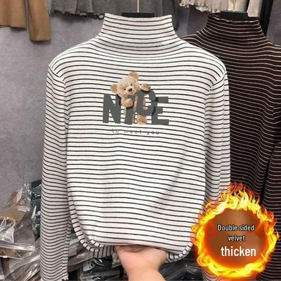 Children's Thermal Fleece Striped Long Sleeve Shirt with Half-High Collar for Boys and Girls (Autumn/Winter)