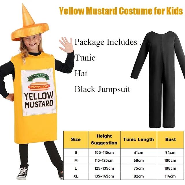 Unisex Kids Mustard Ketchup Costume Set - 2025 Food Cosplay Outfits for Girls & Boys Great for Halloween Fancy Dress Up Events