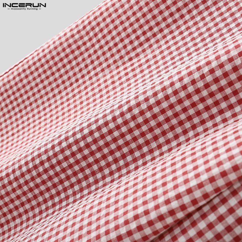 INCERUN Men Drawstring Elastic Waist Plaid Print Casual Long Wide Leg Pants Trousers