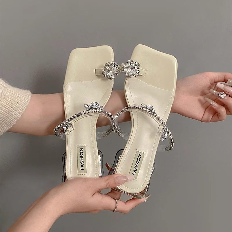 

Летние женские тапочки с кристаллами и клипсой на носке, модные элегантные шлепанцы на толстом каблуке, удобная женская обувь 35 бежевый