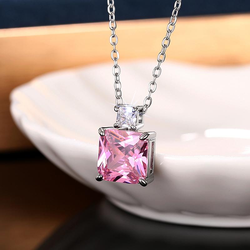 

CAOSHI Delicate Pink/Yellow Square Cubic Zirconia Pendant Necklace Romantic Engagement Ceremony Jewelry Accessories for Women 45cm