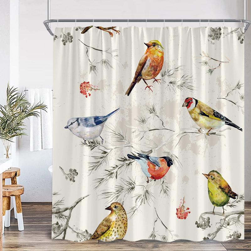 Colorful Bird Shower Curtain Green Leaves Birds On Tree Branch Bathroom Decorative Polyester Fabric Bath Curtains Set With Hooks