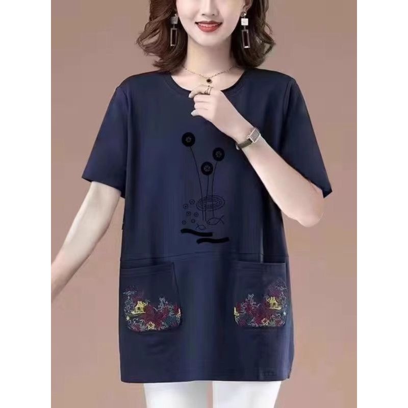 Long Length Pure Cotton Short-Sleeved T-shirt for Women Summer New Arrival Loose Plus Size Middle-Aged Ladieswear Loose Tummy Hiding Slimming Tops