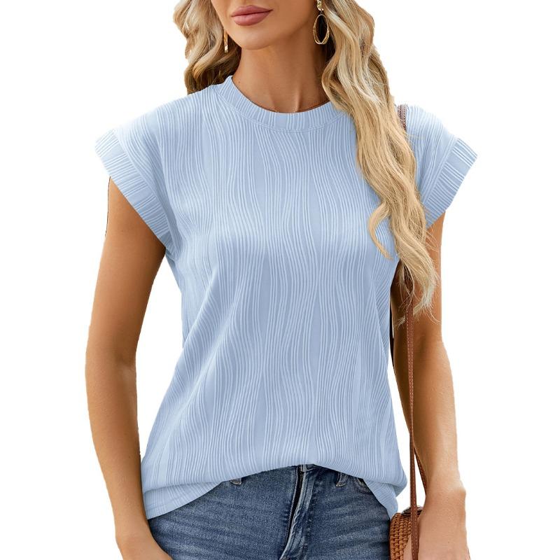 Women's Summer Solid Color Crew Neck Cover Shoulder Sleeve T-shirt Top Vest