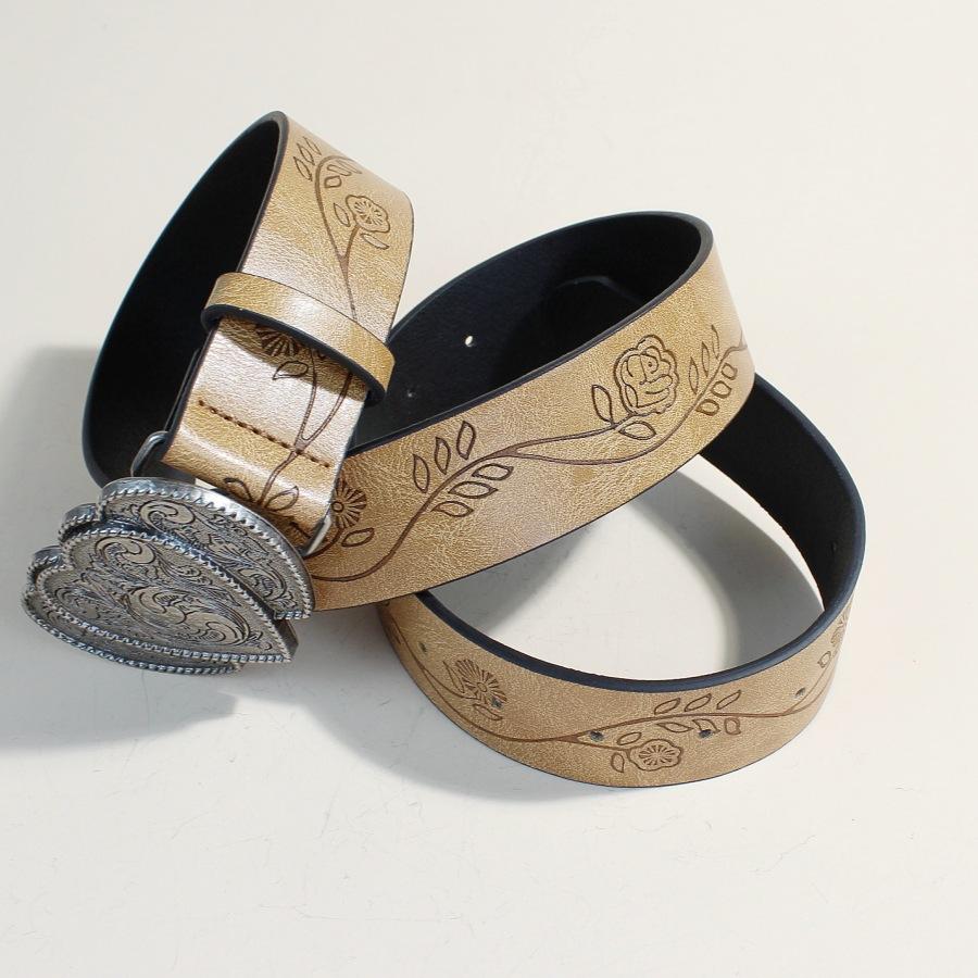 Western Bohemian Grey Belt Rose Print Three Love Buckle Personality Belt Female