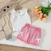 Baby Girls 2-Piece Outfit, Ribbed Ruffle Neck Top and Embellished Denim Shorts