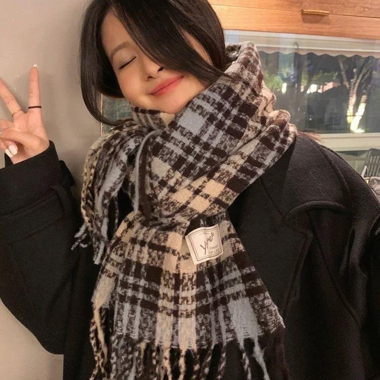 Mohair plaid scarf women's winter sea salt milk coffee blue thickened atmosphere warm student shawl scarf