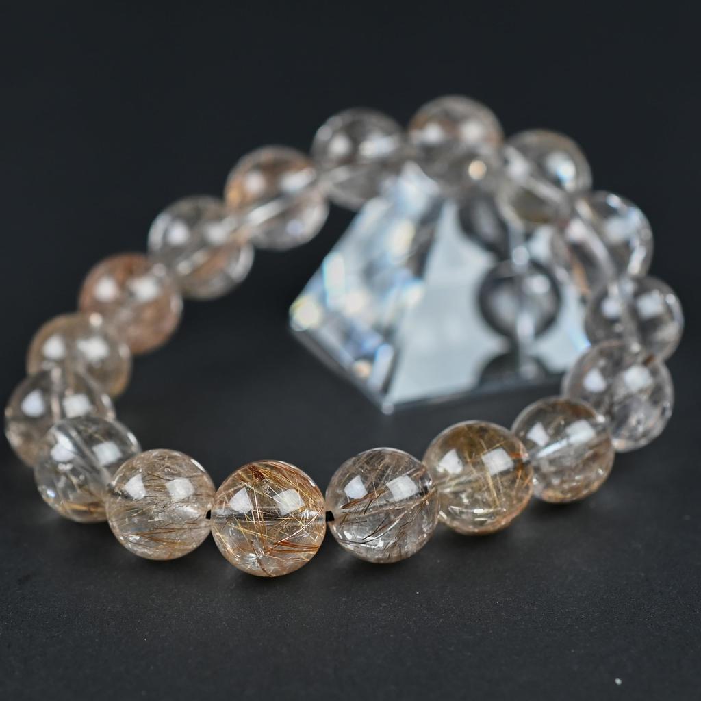 Eigado Mixed Rutilated Quartz 17 Inner Natural Power Good Fortune Bracelet, Beads, 12mm, Diameter Approx. 16cm, Stone, Stone, Luck, Amulet,
