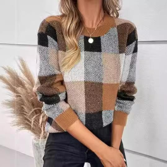 

Женский пуловер с круглым вырезом, клетчатый, свободного кроя, модный, вязаный, роскошный, расслабленной посадки, стройнящий и универсальный топ 3XL хаки