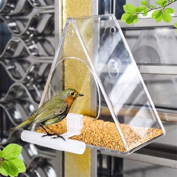 Acrylic Window Bird Feeder Clear Food Bowl with Perch for Outdoor Hanging