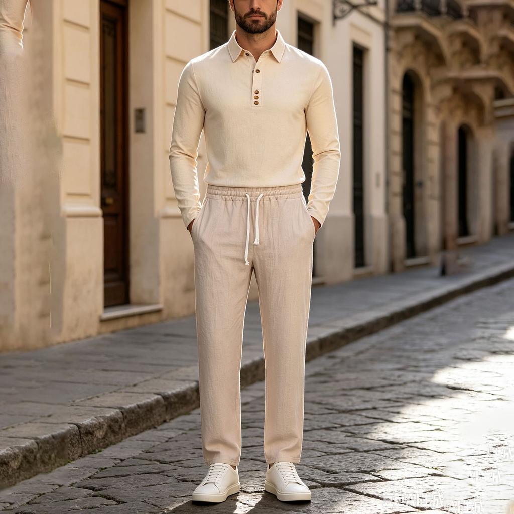 Men's Casual 2 Piece Outfit Set - Lightweight Long Sleeve Lapel Collar Shirt and Pants for Fall