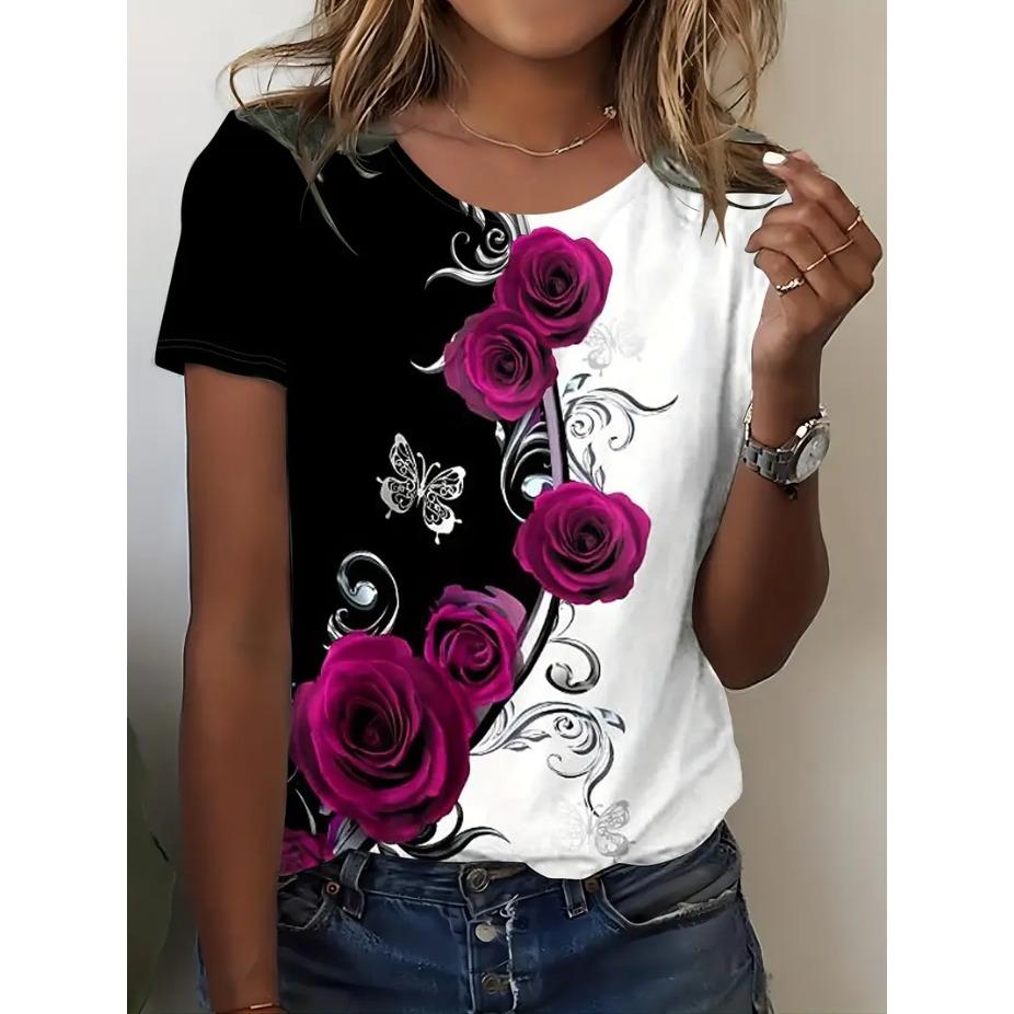Retro Rose Print Round Neck Short Sleeved T-shirt for Women Breathable Polyester Stretch Comfortable for Everyday