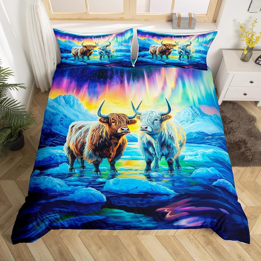 Cute Animal Duvet Cover Set Twin Queen Rabbit Fox Rustic Bedding Set, Starry Sky Galaxy Northern Lights Dreamy Comforter Cover